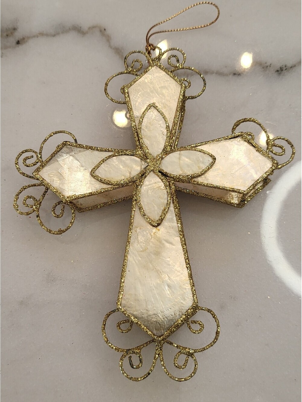 Vtg Metal Ornate Mother Of Pearl Cross Christmas Tree Ornament 6"H A68